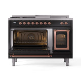 ILVE Nostalgie II Noblesse 48-Inch Natural Gas Dual Fuel Range with 5 Burners, Griddle, & French Top with Triple Glass Door Oven in Glossy Black with Copper Trim (UN48FSNMPBKP)