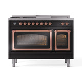 ILVE Nostalgie II Noblesse 48-Inch Natural Gas Dual Fuel Range with 5 Burners, Griddle, & French Top with Triple Glass Door Oven in Glossy Black with Copper Trim (UN48FSNMPBKP)