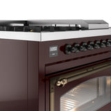 ILVE Nostalgie II Noblesse 48-Inch Propane Gas Dual Fuel Range with 5 Burners, Griddle, & French Top with Triple Glass Door Oven in Burgundy with Bronze Trim (UN48FSNMPBUBLP)