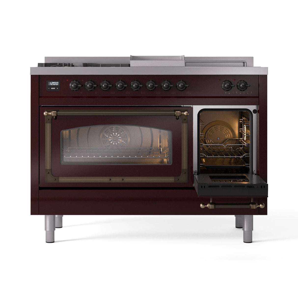 ILVE Nostalgie II Noblesse 48-Inch Propane Gas Dual Fuel Range with 5 Burners, Griddle, & French Top with Triple Glass Door Oven in Burgundy with Bronze Trim (UN48FSNMPBUBLP)