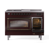 ILVE Nostalgie II Noblesse 48-Inch Propane Gas Dual Fuel Range with 5 Burners, Griddle, & French Top with Triple Glass Door Oven in Burgundy with Bronze Trim (UN48FSNMPBUBLP)