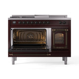 ILVE Nostalgie II Noblesse 48-Inch Propane Gas Dual Fuel Range with 5 Burners, Griddle, & French Top with Triple Glass Door Oven in Burgundy with Bronze Trim (UN48FSNMPBUBLP)