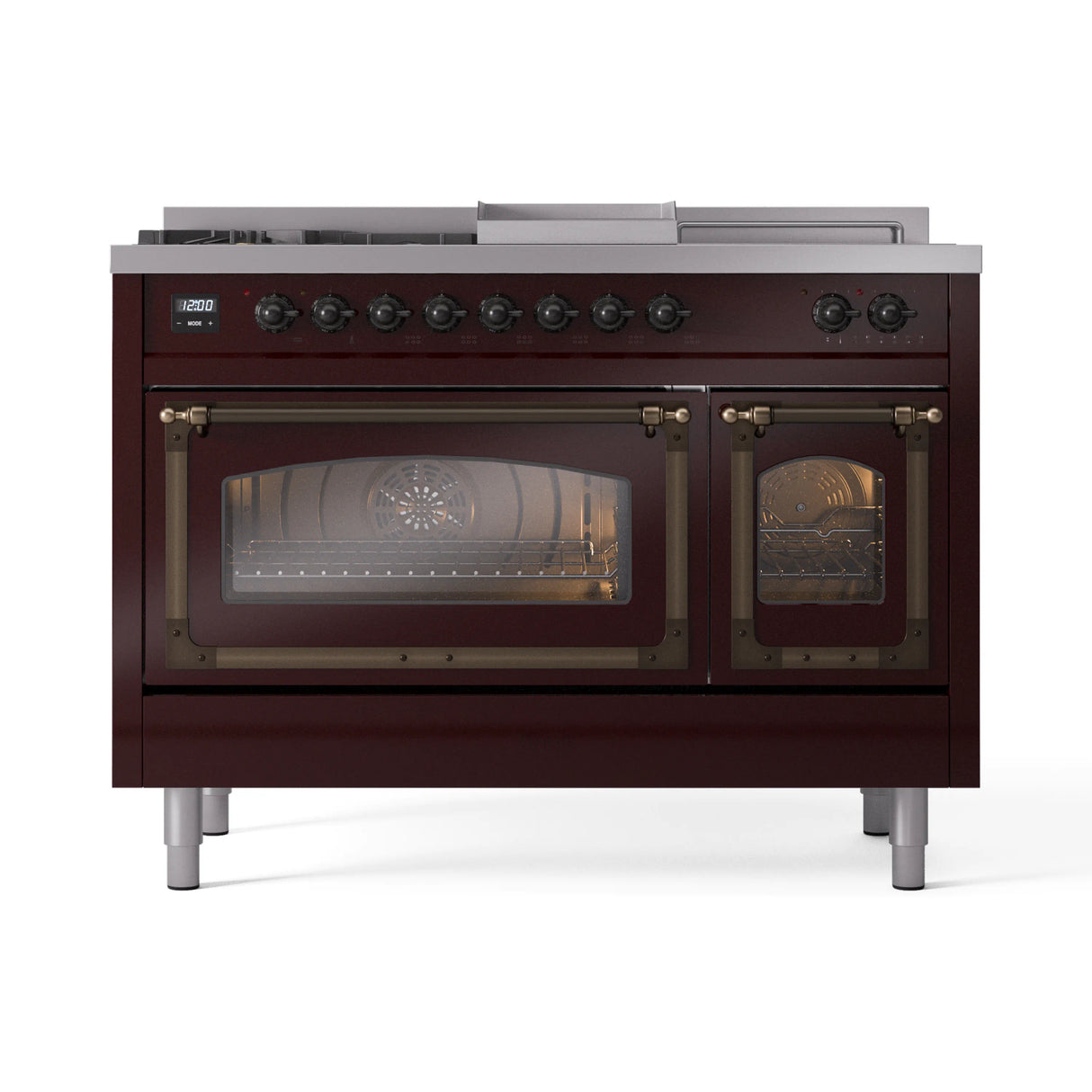 ILVE Nostalgie II Noblesse 48-Inch Propane Gas Dual Fuel Range with 5 Burners, Griddle, & French Top with Triple Glass Door Oven in Burgundy with Bronze Trim (UN48FSNMPBUBLP)
