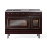 ILVE Nostalgie II Noblesse 48-Inch Propane Gas Dual Fuel Range with 5 Burners, Griddle, & French Top with Triple Glass Door Oven in Burgundy with Bronze Trim (UN48FSNMPBUBLP)