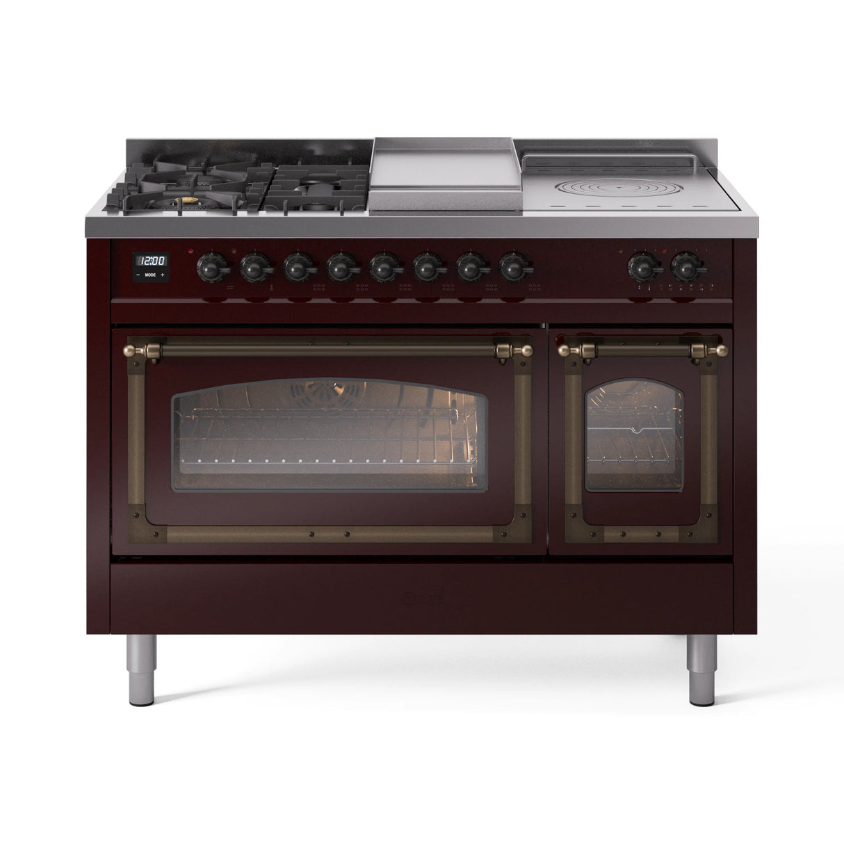 ILVE Nostalgie II Noblesse 48-Inch Propane Gas Dual Fuel Range with 5 Burners, Griddle, & French Top with Triple Glass Door Oven in Burgundy with Bronze Trim (UN48FSNMPBUBLP)