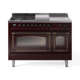 ILVE Nostalgie II Noblesse 48-Inch Propane Gas Dual Fuel Range with 5 Burners, Griddle, & French Top with Triple Glass Door Oven in Burgundy with Bronze Trim (UN48FSNMPBUBLP)