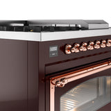 ILVE Nostalgie II Noblesse 48-Inch Natural Gas Dual Fuel Range with 5 Burners, Griddle, & French Top with Triple Glass Door Oven in Burgundy with Copper Trim (UN48FSNMPBUP)