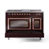ILVE Nostalgie II Noblesse 48-Inch Natural Gas Dual Fuel Range with 5 Burners, Griddle, & French Top with Triple Glass Door Oven in Burgundy with Copper Trim (UN48FSNMPBUP)