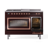 ILVE Nostalgie II Noblesse 48-Inch Natural Gas Dual Fuel Range with 5 Burners, Griddle, & French Top with Triple Glass Door Oven in Burgundy with Copper Trim (UN48FSNMPBUP)