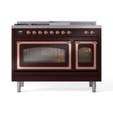 ILVE Nostalgie II Noblesse 48-Inch Natural Gas Dual Fuel Range with 5 Burners, Griddle, & French Top with Triple Glass Door Oven in Burgundy with Copper Trim (UN48FSNMPBUP)