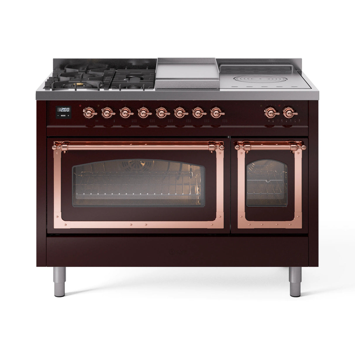ILVE Nostalgie II Noblesse 48-Inch Natural Gas Dual Fuel Range with 5 Burners, Griddle, & French Top with Triple Glass Door Oven in Burgundy with Copper Trim (UN48FSNMPBUP)