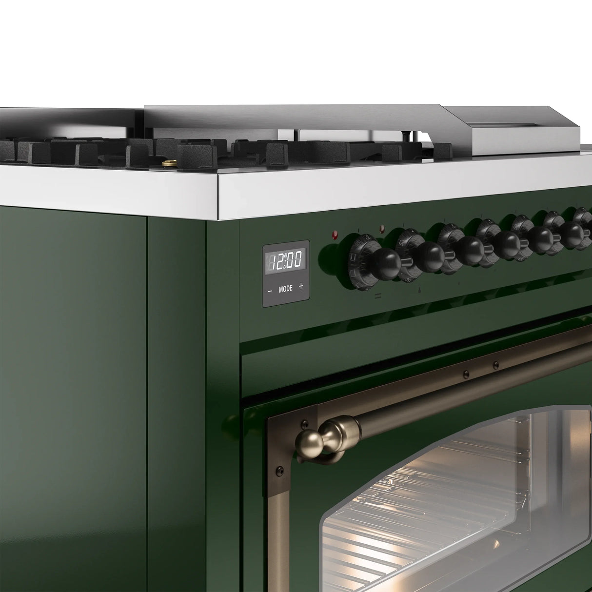 ILVE Nostalgie II Noblesse 48-Inch Natural Gas Dual Fuel Range with 5 Burners, Griddle, & French Top with Triple Glass Door Oven in Emerald Green with Bronze Trim (UN48FSNMPEGB)