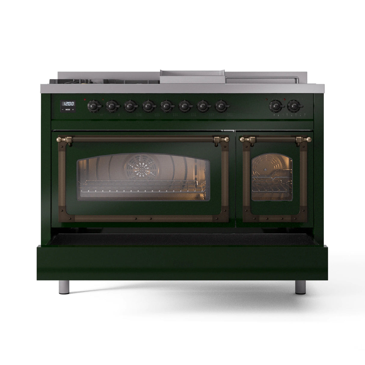 ILVE Nostalgie II Noblesse 48-Inch Natural Gas Dual Fuel Range with 5 Burners, Griddle, & French Top with Triple Glass Door Oven in Emerald Green with Bronze Trim (UN48FSNMPEGB)