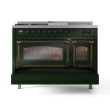 ILVE Nostalgie II Noblesse 48-Inch Natural Gas Dual Fuel Range with 5 Burners, Griddle, & French Top with Triple Glass Door Oven in Emerald Green with Bronze Trim (UN48FSNMPEGB)