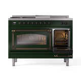 ILVE Nostalgie II Noblesse 48-Inch Natural Gas Dual Fuel Range with 5 Burners, Griddle, & French Top with Triple Glass Door Oven in Emerald Green with Bronze Trim (UN48FSNMPEGB)
