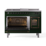 ILVE Nostalgie II Noblesse 48-Inch Natural Gas Dual Fuel Range with 5 Burners, Griddle, & French Top with Triple Glass Door Oven in Emerald Green with Bronze Trim (UN48FSNMPEGB)