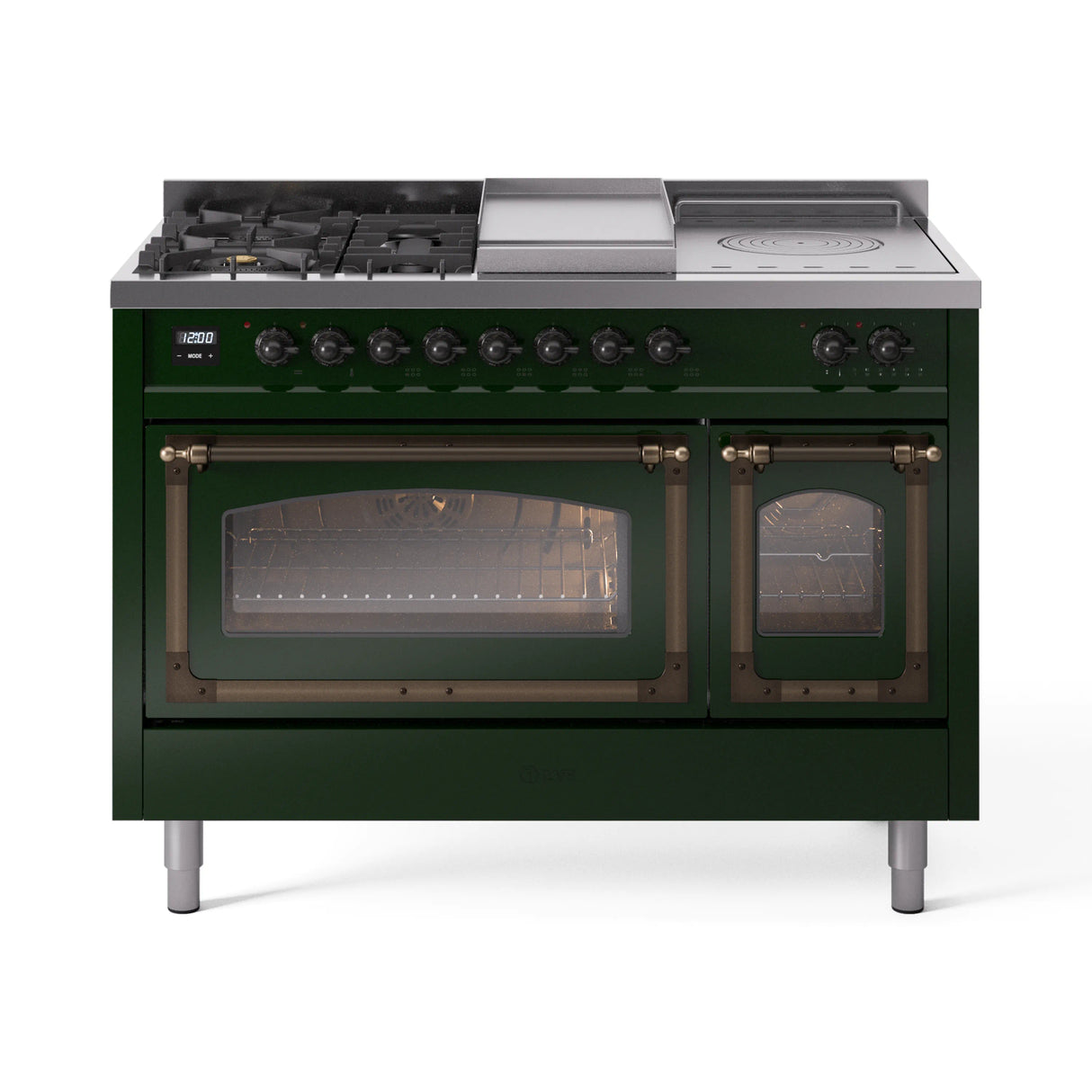 ILVE Nostalgie II Noblesse 48-Inch Natural Gas Dual Fuel Range with 5 Burners, Griddle, & French Top with Triple Glass Door Oven in Emerald Green with Bronze Trim (UN48FSNMPEGB)