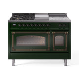 ILVE Nostalgie II Noblesse 48-Inch Natural Gas Dual Fuel Range with 5 Burners, Griddle, & French Top with Triple Glass Door Oven in Emerald Green with Bronze Trim (UN48FSNMPEGB)