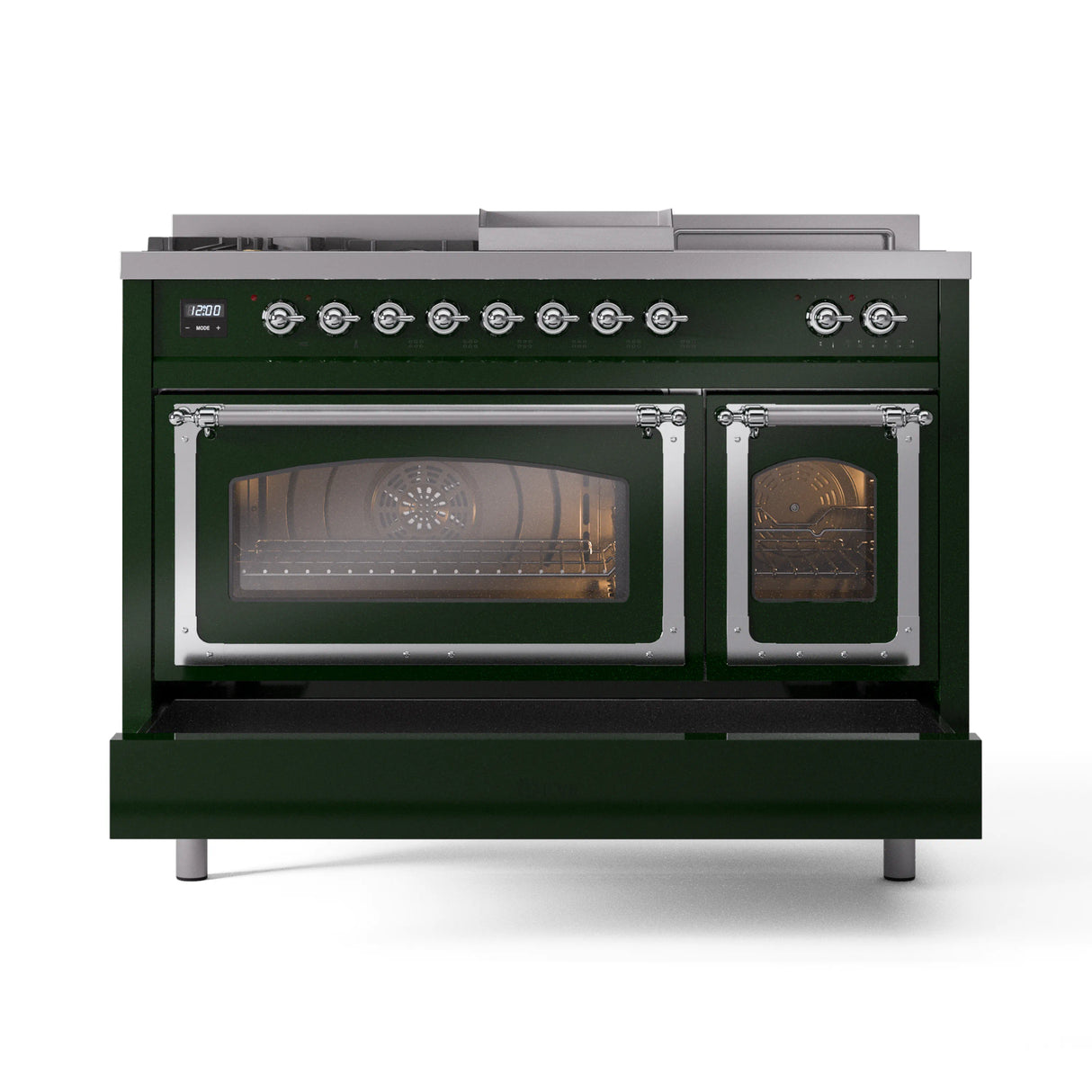 ILVE Nostalgie II Noblesse 48-Inch Natural Gas Dual Fuel Range with 5 Burners, Griddle, & French Top with Triple Glass Door Oven in Emerald Green with Chrome Trim (UN48FSNMPEGC)