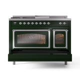 ILVE Nostalgie II Noblesse 48-Inch Natural Gas Dual Fuel Range with 5 Burners, Griddle, & French Top with Triple Glass Door Oven in Emerald Green with Chrome Trim (UN48FSNMPEGC)
