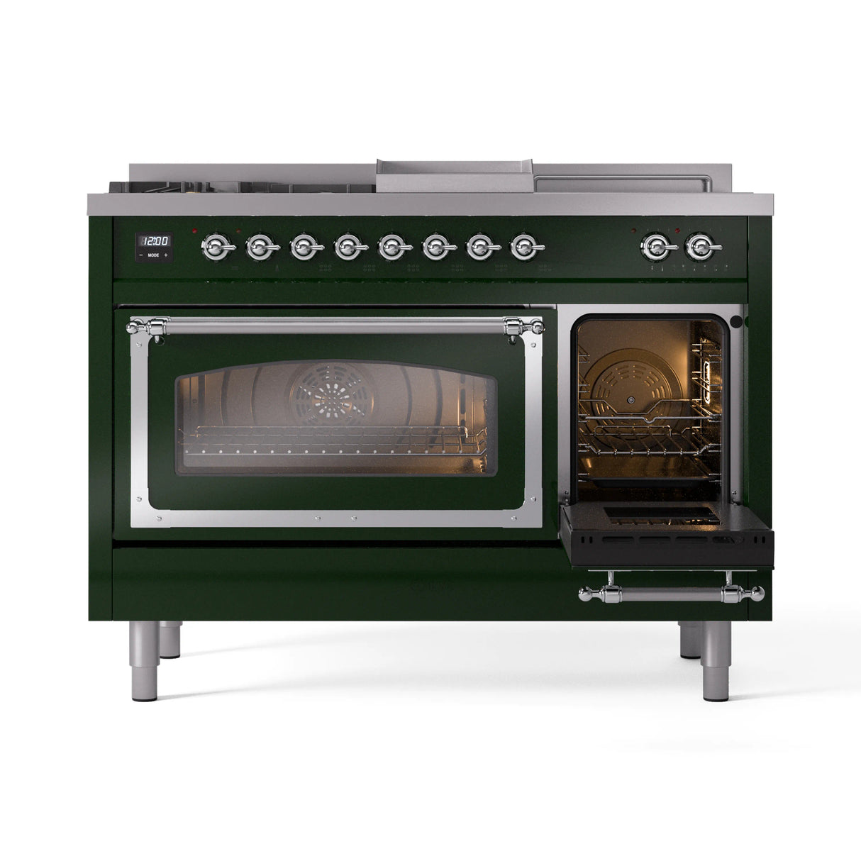 ILVE Nostalgie II Noblesse 48-Inch Natural Gas Dual Fuel Range with 5 Burners, Griddle, & French Top with Triple Glass Door Oven in Emerald Green with Chrome Trim (UN48FSNMPEGC)