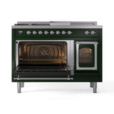ILVE Nostalgie II Noblesse 48-Inch Natural Gas Dual Fuel Range with 5 Burners, Griddle, & French Top with Triple Glass Door Oven in Emerald Green with Chrome Trim (UN48FSNMPEGC)