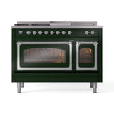 ILVE Nostalgie II Noblesse 48-Inch Natural Gas Dual Fuel Range with 5 Burners, Griddle, & French Top with Triple Glass Door Oven in Emerald Green with Chrome Trim (UN48FSNMPEGC)