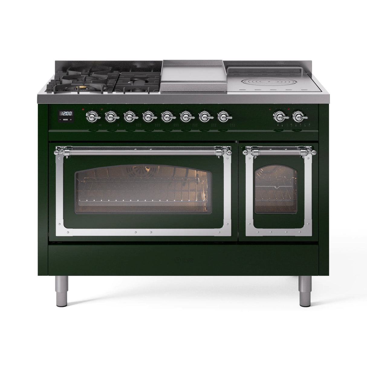 ILVE Nostalgie II Noblesse 48-Inch Natural Gas Dual Fuel Range with 5 Burners, Griddle, & French Top with Triple Glass Door Oven in Emerald Green with Chrome Trim (UN48FSNMPEGC)