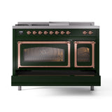 ILVE Nostalgie II Noblesse 48-Inch Natural Gas Dual Fuel Range with 5 Burners, Griddle, & French Top with Triple Glass Door Oven in Emerald Green with Copper Trim (UN48FSNMPEGP)