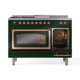 ILVE Nostalgie II Noblesse 48-Inch Natural Gas Dual Fuel Range with 5 Burners, Griddle, & French Top with Triple Glass Door Oven in Emerald Green with Copper Trim (UN48FSNMPEGP)