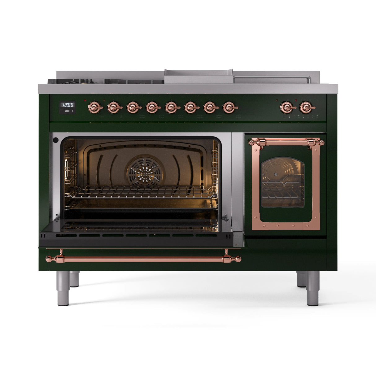 ILVE Nostalgie II Noblesse 48-Inch Natural Gas Dual Fuel Range with 5 Burners, Griddle, & French Top with Triple Glass Door Oven in Emerald Green with Copper Trim (UN48FSNMPEGP)