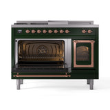 ILVE Nostalgie II Noblesse 48-Inch Natural Gas Dual Fuel Range with 5 Burners, Griddle, & French Top with Triple Glass Door Oven in Emerald Green with Copper Trim (UN48FSNMPEGP)