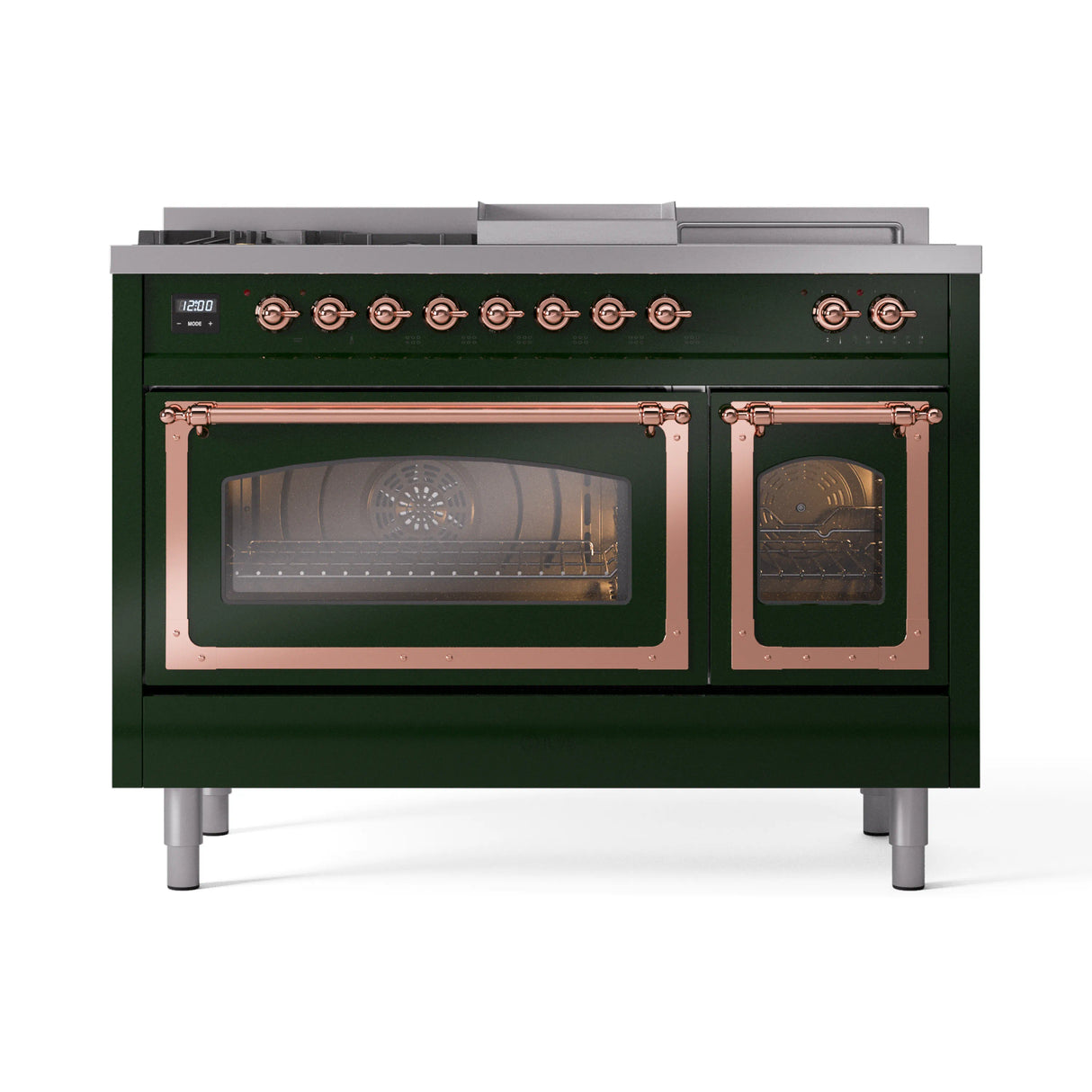 ILVE Nostalgie II Noblesse 48-Inch Natural Gas Dual Fuel Range with 5 Burners, Griddle, & French Top with Triple Glass Door Oven in Emerald Green with Copper Trim (UN48FSNMPEGP)