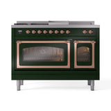 ILVE Nostalgie II Noblesse 48-Inch Natural Gas Dual Fuel Range with 5 Burners, Griddle, & French Top with Triple Glass Door Oven in Emerald Green with Copper Trim (UN48FSNMPEGP)