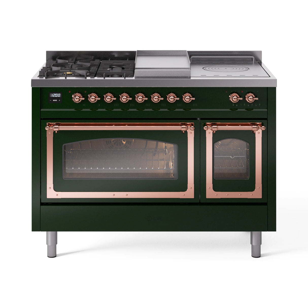 ILVE Nostalgie II Noblesse 48-Inch Natural Gas Dual Fuel Range with 5 Burners, Griddle, & French Top with Triple Glass Door Oven in Emerald Green with Copper Trim (UN48FSNMPEGP)