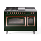 ILVE Nostalgie II Noblesse 48-Inch Natural Gas Dual Fuel Range with 5 Burners, Griddle, & French Top with Triple Glass Door Oven in Emerald Green with Copper Trim (UN48FSNMPEGP)