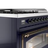 ILVE 48-Inch Nostalgie II Noblesse Natural Gas Dual Fuel Range with 5 Sealed Burners, Griddle, French Top and Triple Glass Door Oven in Midnight Blue with Bronze Trim (UN48FSNMPMBB)