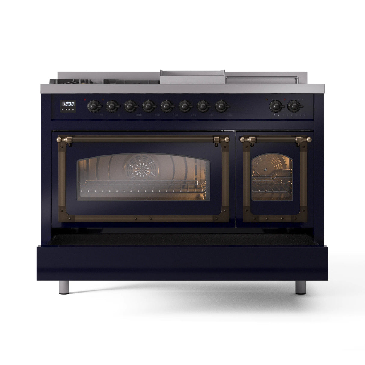 ILVE 48-Inch Nostalgie II Noblesse Natural Gas Dual Fuel Range with 5 Sealed Burners, Griddle, French Top and Triple Glass Door Oven in Midnight Blue with Bronze Trim (UN48FSNMPMBB)