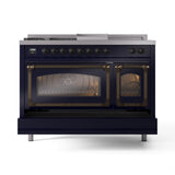 ILVE 48-Inch Nostalgie II Noblesse Natural Gas Dual Fuel Range with 5 Sealed Burners, Griddle, French Top and Triple Glass Door Oven in Midnight Blue with Bronze Trim (UN48FSNMPMBB)