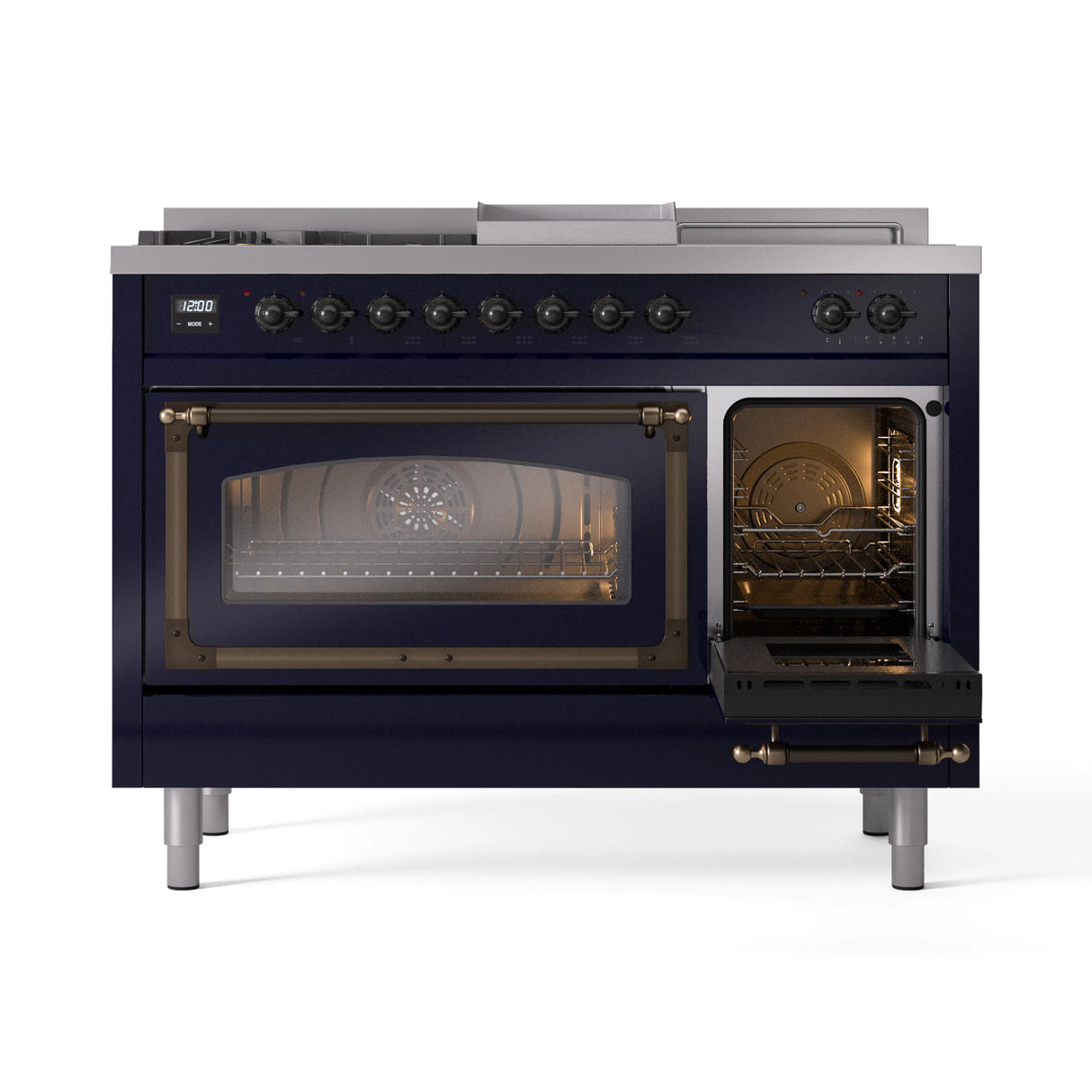 ILVE 48-Inch Nostalgie II Noblesse Natural Gas Dual Fuel Range with 5 Sealed Burners, Griddle, French Top and Triple Glass Door Oven in Midnight Blue with Bronze Trim (UN48FSNMPMBB)