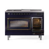 ILVE 48-Inch Nostalgie II Noblesse Natural Gas Dual Fuel Range with 5 Sealed Burners, Griddle, French Top and Triple Glass Door Oven in Midnight Blue with Bronze Trim (UN48FSNMPMBB)