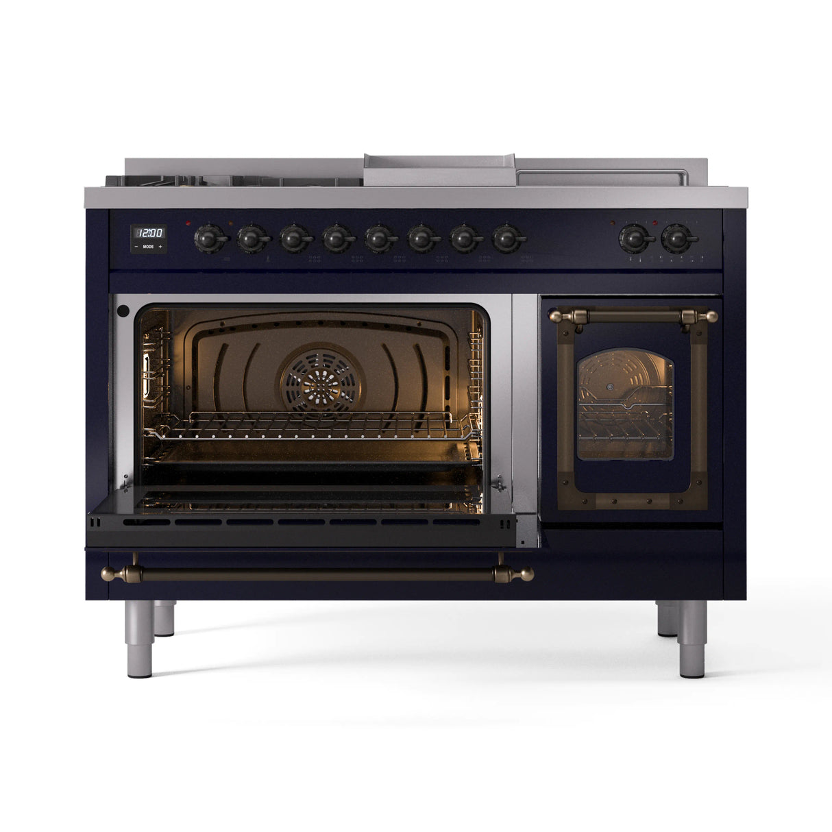 ILVE 48-Inch Nostalgie II Noblesse Natural Gas Dual Fuel Range with 5 Sealed Burners, Griddle, French Top and Triple Glass Door Oven in Midnight Blue with Bronze Trim (UN48FSNMPMBB)