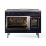 ILVE 48-Inch Nostalgie II Noblesse Natural Gas Dual Fuel Range with 5 Sealed Burners, Griddle, French Top and Triple Glass Door Oven in Midnight Blue with Bronze Trim (UN48FSNMPMBB)