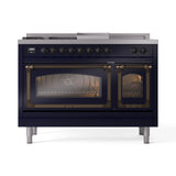 ILVE 48-Inch Nostalgie II Noblesse Natural Gas Dual Fuel Range with 5 Sealed Burners, Griddle, French Top and Triple Glass Door Oven in Midnight Blue with Bronze Trim (UN48FSNMPMBB)