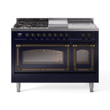 ILVE 48-Inch Nostalgie II Noblesse Natural Gas Dual Fuel Range with 5 Sealed Burners, Griddle, French Top and Triple Glass Door Oven in Midnight Blue with Bronze Trim (UN48FSNMPMBB)