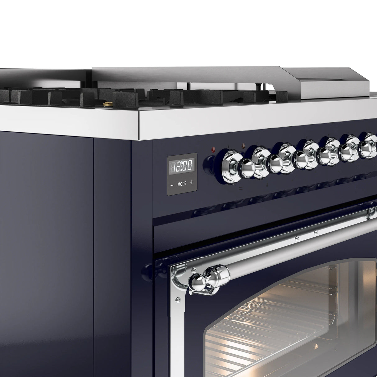 ILVE 48-Inch Nostalgie II Noblesse Natural Gas Dual Fuel Range with 5 Sealed Burners, Griddle, French Top and Triple Glass Door Oven in Midnight Blue with Chrome Trim (UN48FSNMPMBC)