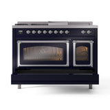 ILVE 48-Inch Nostalgie II Noblesse Natural Gas Dual Fuel Range with 5 Sealed Burners, Griddle, French Top and Triple Glass Door Oven in Midnight Blue with Chrome Trim (UN48FSNMPMBC)