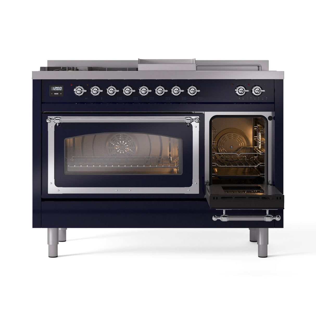 ILVE 48-Inch Nostalgie II Noblesse Natural Gas Dual Fuel Range with 5 Sealed Burners, Griddle, French Top and Triple Glass Door Oven in Midnight Blue with Chrome Trim (UN48FSNMPMBC)