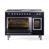 ILVE 48-Inch Nostalgie II Noblesse Natural Gas Dual Fuel Range with 5 Sealed Burners, Griddle, French Top and Triple Glass Door Oven in Midnight Blue with Chrome Trim (UN48FSNMPMBC)