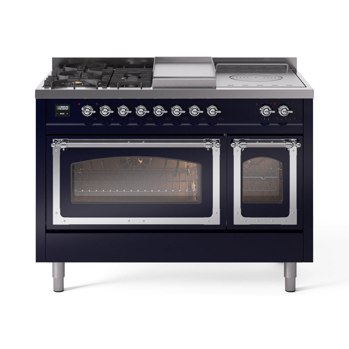 ILVE 48-Inch Nostalgie II Noblesse Natural Gas Dual Fuel Range with 5 Sealed Burners, Griddle, French Top and Triple Glass Door Oven in Midnight Blue with Chrome Trim (UN48FSNMPMBC)